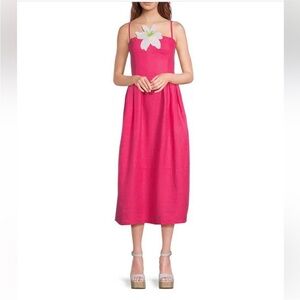 Fanm Mon LORR LINEN LATRICE DRESS Fuchsia Flower Embroidered Pleats Pockets $389